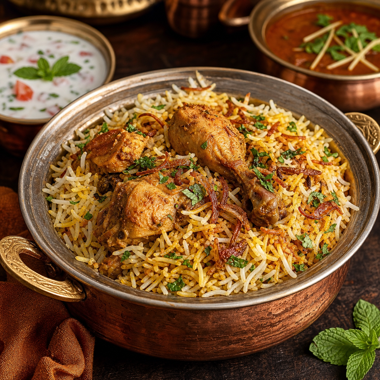 GFF Special Chicken Biryani served in a copper handi
