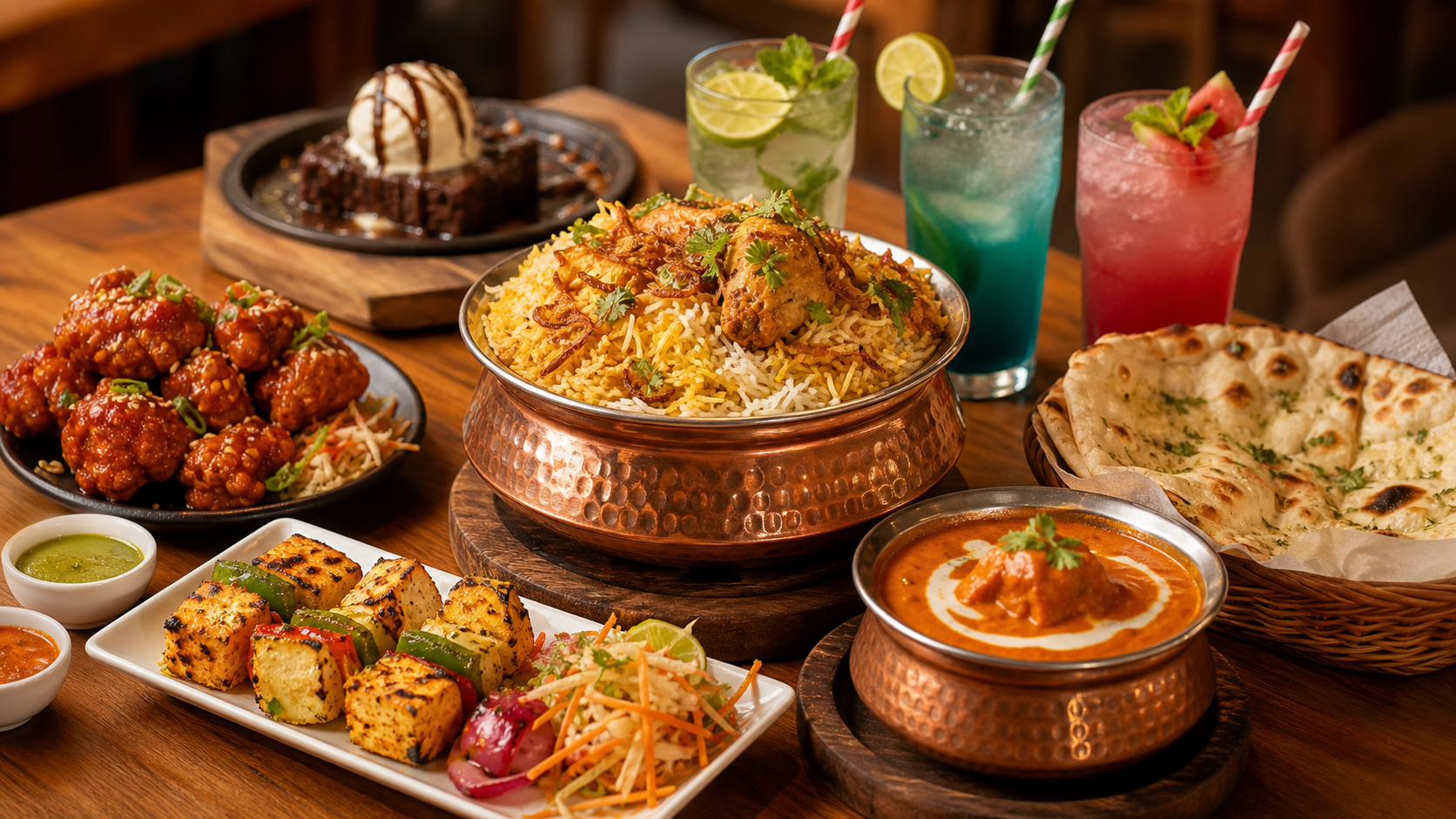 A generous Global Food Factory style feast with biryani, curries, tandoori starters, breads, drinks, and dessert