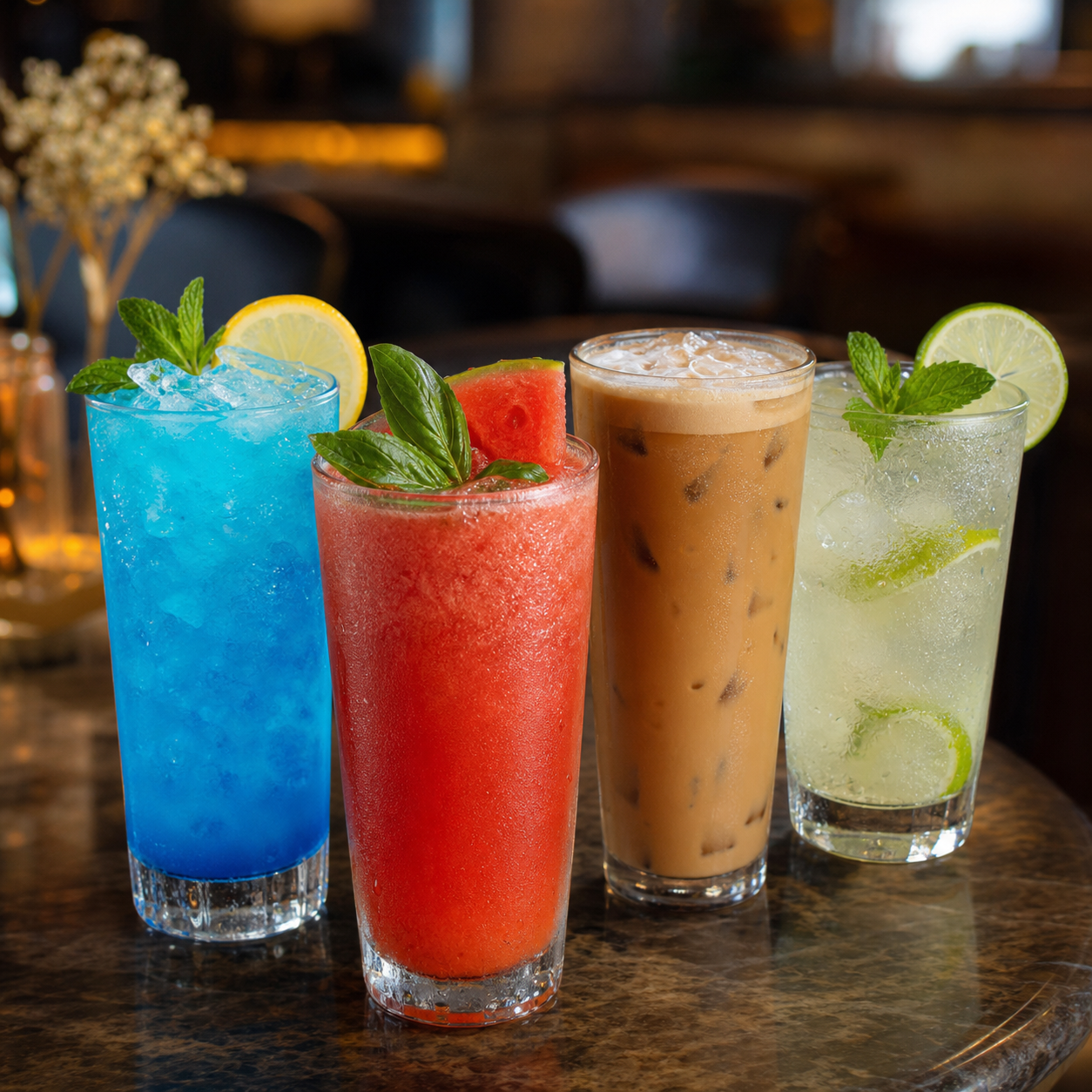 Colorful mocktails and iced coffee