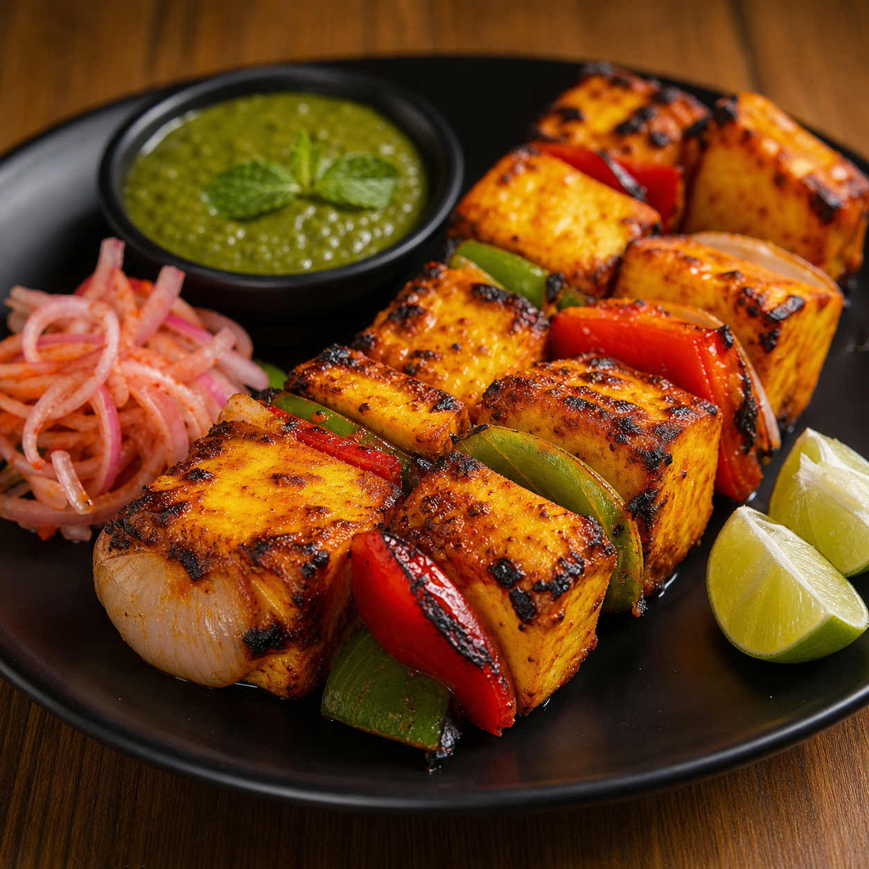 Paneer tikka platter with chutney, onions, and lime