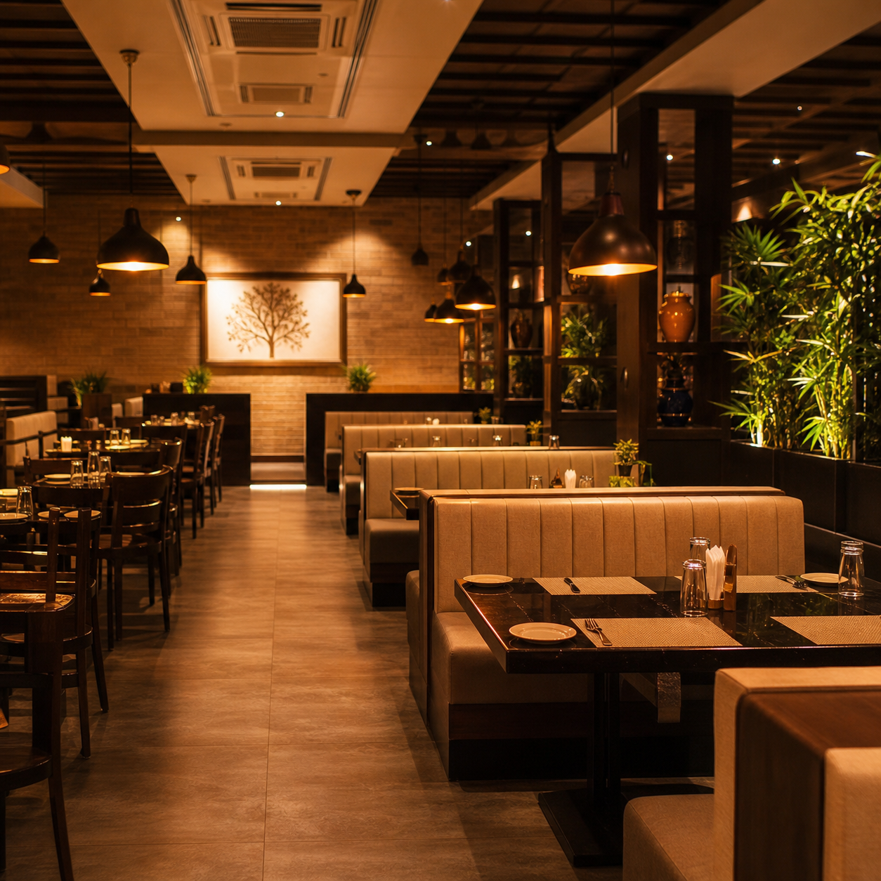 Warm modern family restaurant interior with amber lighting and comfortable seating